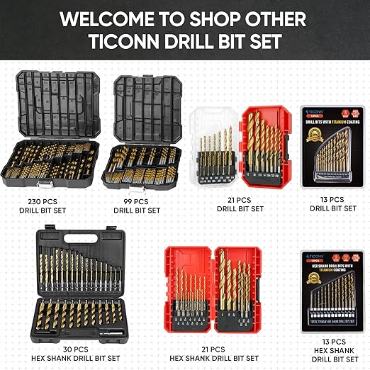 TICONN 30 PCS Titanium Coated Drill Bit Set with Hex Shank, 135 Degree Tip High Speed Steel Drill Bits Kit with Storage Case for Steel, Aluminum, Copper, Soft Alloy Steel Size from 1/16" to 1/2"