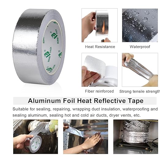 BOMEI PACK Adhesive Aluminum Foil Heat Shield Tape 2 Pack Barrier Fiberglass Thermal Insulation Reflective Material High Temp Protection (1.5 inch)