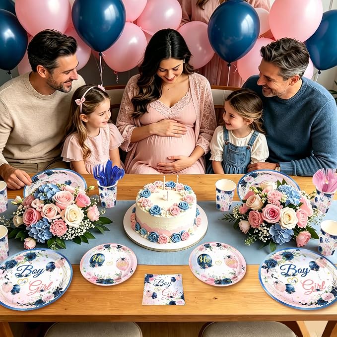 168Pcs Navy Blue and Pink Gender Reveal Party Decorations Serves 24 | Baby Boy - Image 4