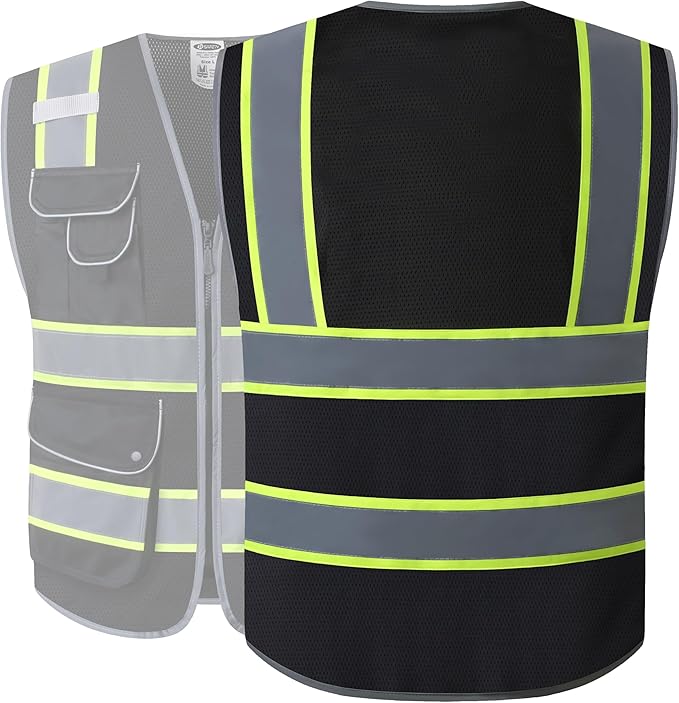 JKSafety 9 Pockets High Visibility Zipper Front MESH Black Safety Vest | Black with Dual Tone High Reflective Strips | ANSI/ISEA Standards (100-Black, XL)