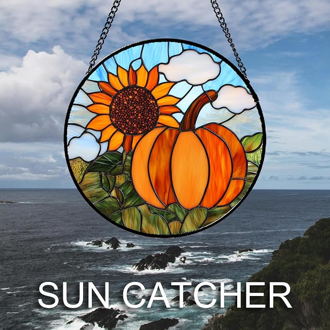 DASTOLL Stained Glass Window Hanging Fall Farm Scenery Sunflower Pumpkin 7.8" - Image 2