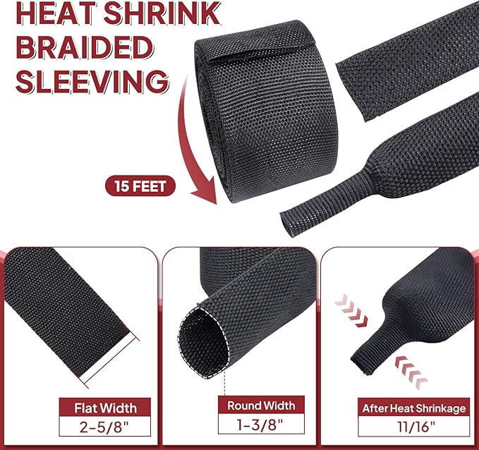 Heat Shrink Braided Sleeving, 2:1 Ratio Shrinkable Fabric Tubing Sleeve Abrasion Protection Cable Wire Sheath (1-3/8"-15ft)