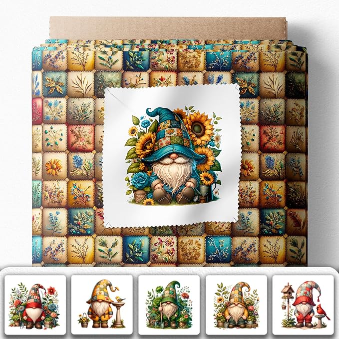 Gnome Patchwork Cotton Fabric Panel – 6 Designs 10×10 inch + Bonus Patchwork by FabricsTown