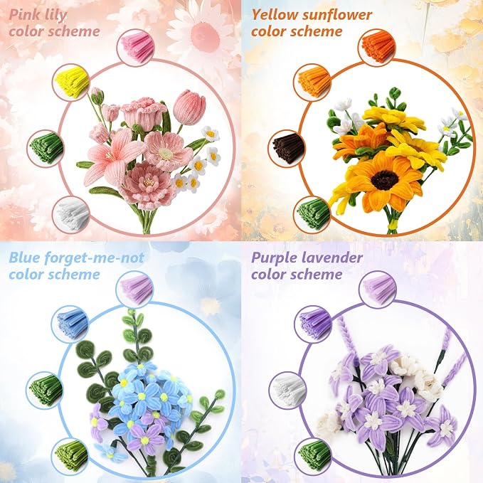 1050 PCS Pipe Cleaner Flower Kit, 15 Assorted Colors Pipe Cleaners Craft - Image 4