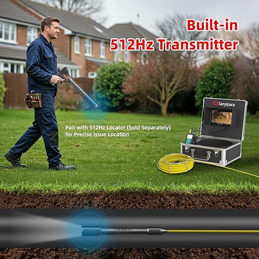 Sanyipace Self-Leveling Sewer Camera 165FT/50M, Drain Camera with 512Hz Transmitter, Pipe Plumbing Camera with Meter Marks, IP68 Waterproof Camera Probe, 9" HD Color Screen, 16GB TF Card