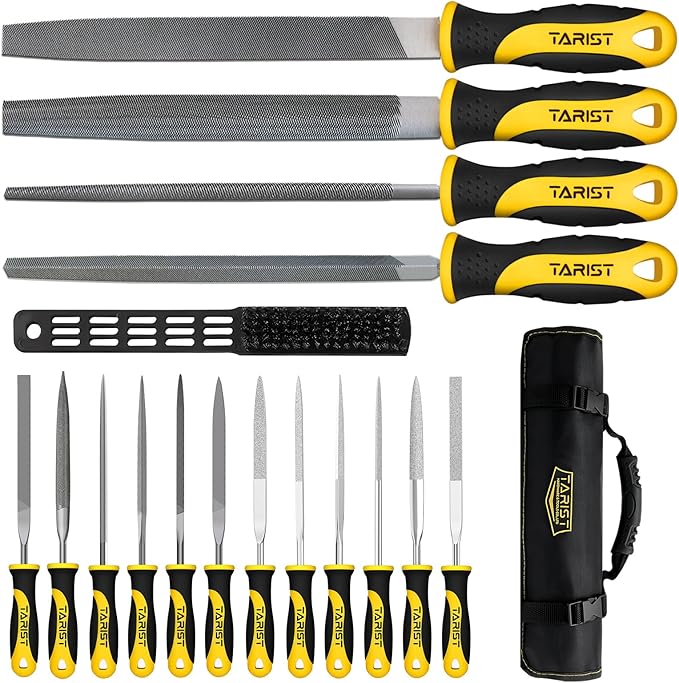 17PCS File Set with Tool Bag, Includes 4PCS Large Metal File, 12PCS Needle File and Wire Brush,Work for Metal, Wood and More