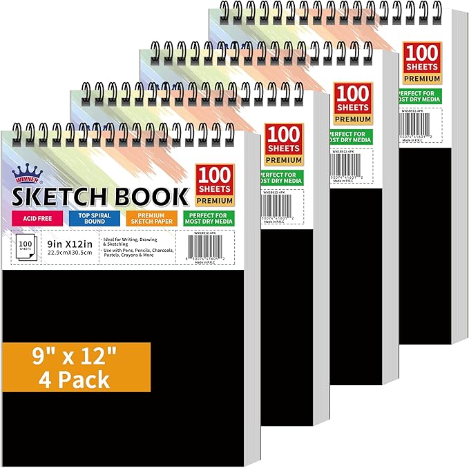 WINNER 9" x 12" Sketch Book 4 Pack, 400 Sheets Spiral Bound Art Sketchbook by WINNER