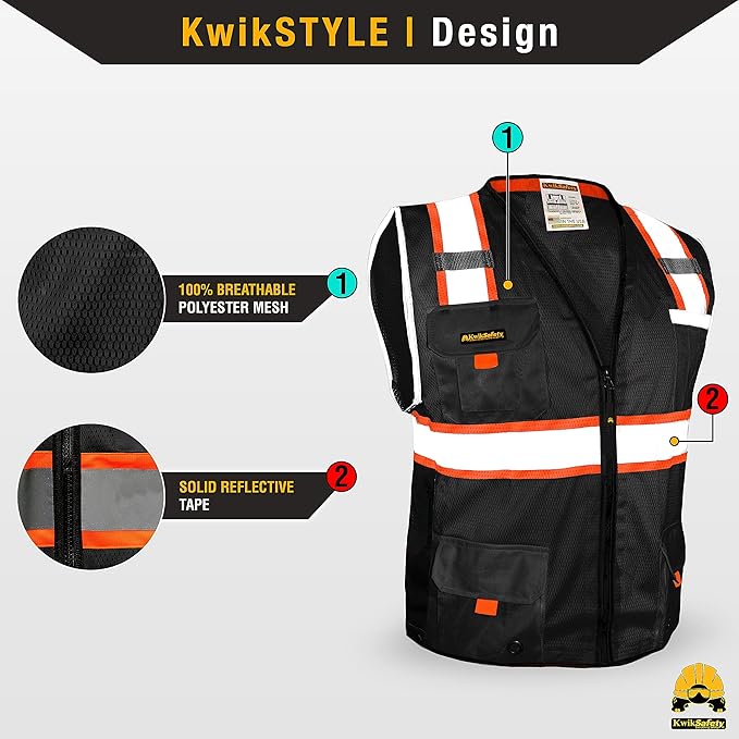 KwikSafety - Charlotte, NC - UNDERBOSS Safety Vest [11 POCKETS] Premium ANSI Class Unrated High Visibility Vest Construction Surveyor Reflective Vest Industrial Work Safety Vest for Men/Black XL