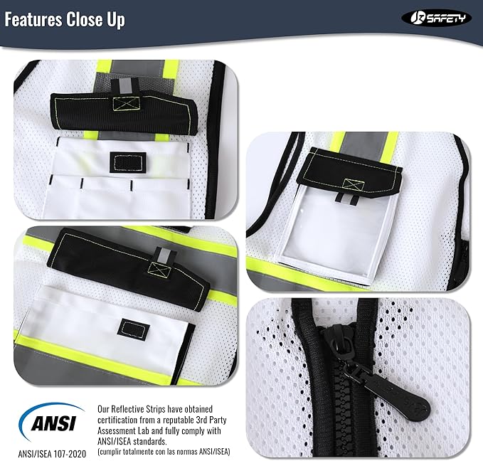 JKSafety Hi Vis Reflective Safety Vests for Men Women High Visibility Vest with Pockets Mesh Fabric Construction Safety Apparel Neon Vest for Work (220-White XL)