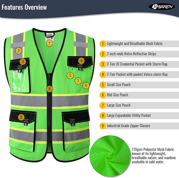 JKSafety Hi Vis Reflective Safety Vests for Men Women High Visibility Vest with Pockets Mesh Fabric Construction Safety Apparel Neon Vest for Work (220-Green L)