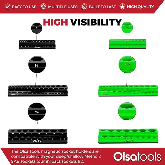 Olsa Tools Magnetic Socket Organizer | 6 Piece Socket Holder Set | 1/2-inch, 3/8-inch, & 1/4-inch Drive | Metric Black, SAE Green | Holds 143 Sockets | Professional Quality Tool Organizers