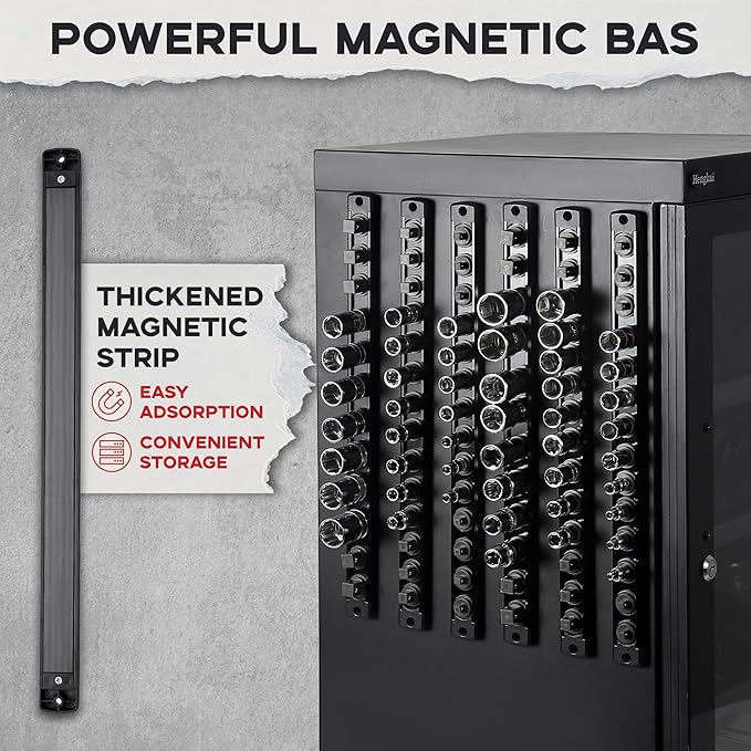 3/8-Inch Drive Magnetic Socket Organizer, Heavy Duty Aluminum Socket Rail Organizer, 360° Swivel Clips Socket Holder Kit for Tool Box, 3/8-Inch Socket Holder x 14 Clips (Black)