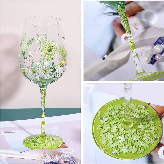 NymphFable Colorful Wine Glass Flower Bird Gragonfly Artisan Painted 15oz - Image 4