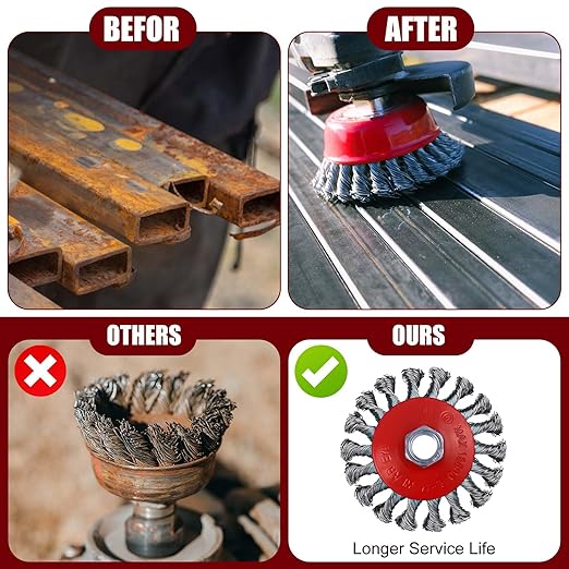 Tandefio 24 Pcs Wire Wheel Brush Wire Wheels with 5/8"-11 Threaded Arbor for 4 1/2 Angle Grinder Knotted Wire Cup Brush for Heavy Cleaning Rust Removal(Red,4 Inch)