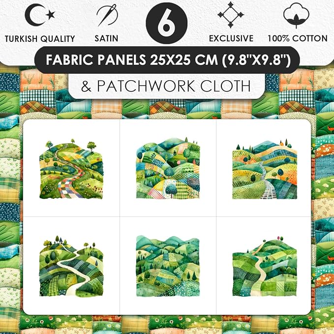 Patchwork Green Hills Cotton Fabric Panel – 6 Designs + Bonus Sheet 29.5×19.6 - Image 3