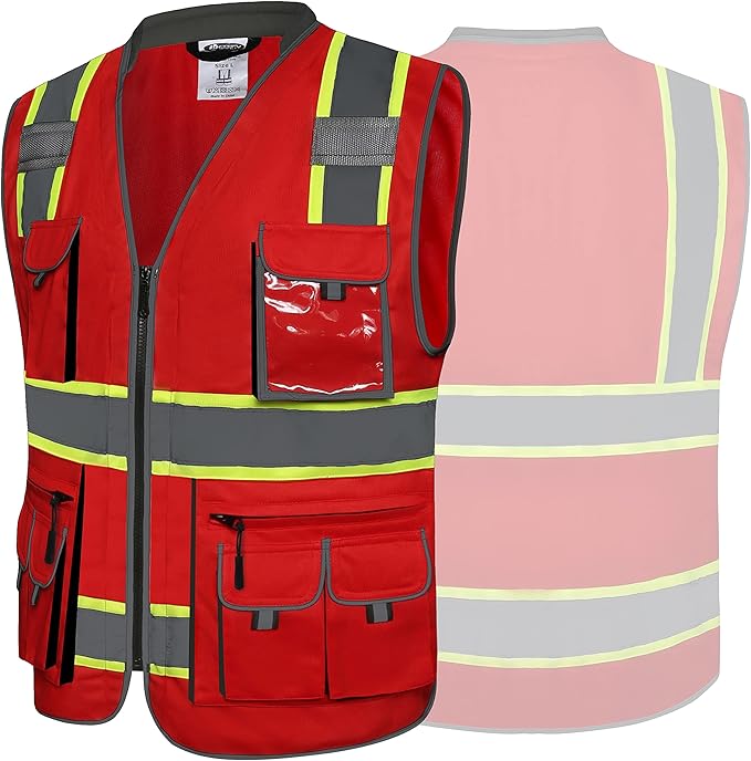 JKSafety 10 Pockets Hi-Vis Zipper Front Fluorescent Red Safety Vest | Cushioned Collar | High Reflective Tapes with Extended Neon Yellow Strips | Meets ANSI/ISEA Standards (5X-Large, 89-Red)