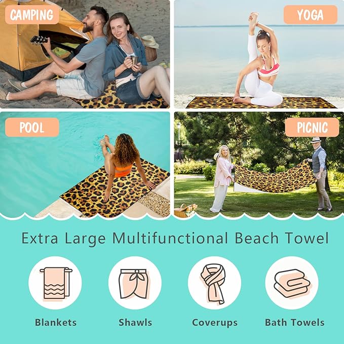 Leopard Print Beach Towel Oversized 36" x 72", Thin Lightweight Sand Free Quick Dry Microfiber Towel for Swimming Pool Cruise Camping Travel