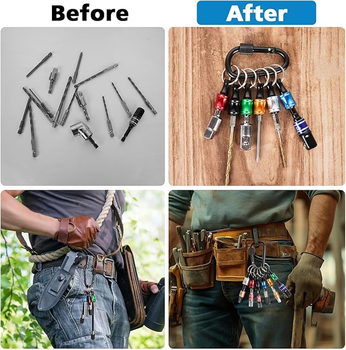 1/4 Bit Holder Keychain 6pc, 1/4 inch Hex Shank Bit Holders, Quick Release Bit Holder For Nut Driver, Screwdriver & Drill Bits w/Key Chain Carabiner