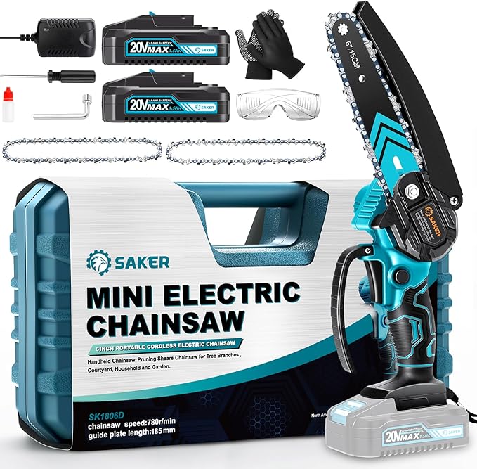 Saker Mini Chainsaw,6 Inch Portable Electric Chainsaw Cordless, Small Handheld Chain saw for Tree Branches,Courtyard, Household and Garden,Christmas Gifts for Men Dad Husband Women