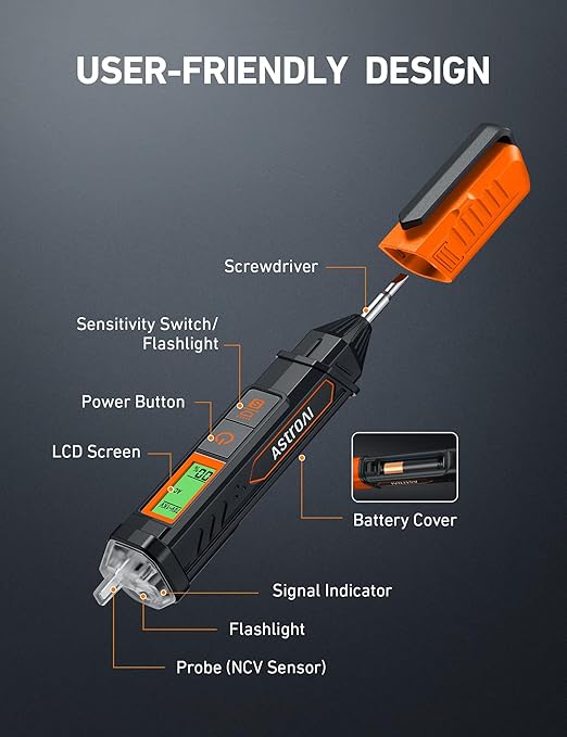 AstroAI VTS1000H Voltage Tester with Screwdriver, Non-Contact Electrical Tester, Dual Range AC 12V/70V-1000V, Live Wire Test, Wire Breakpoint Finder, Audible Alarm, LCD Percentage Display, Orange