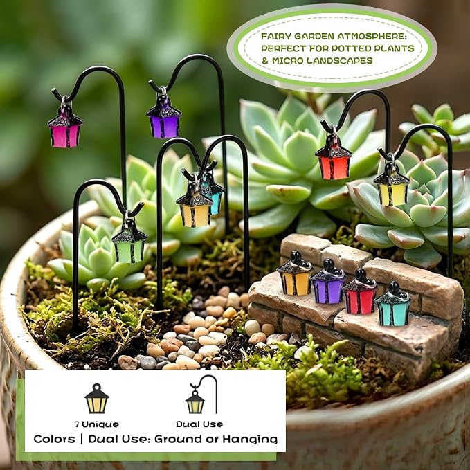YAHUIPEIUS 7PCS Miniature Garden Stakes, Resin Mini Lanterns Decorative Potted - Image 3