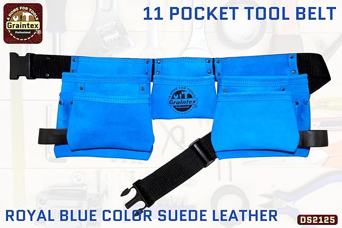 Graintex DS2125 11 Pocket Royal Blue Color Suede Leather Tool Belt/Tool Bag/Work Apron, 2 Hammer Loop, Adjustable Belt | Construction, Carpenter, Roofing, Drywall, Electrician, Gardening, DIY