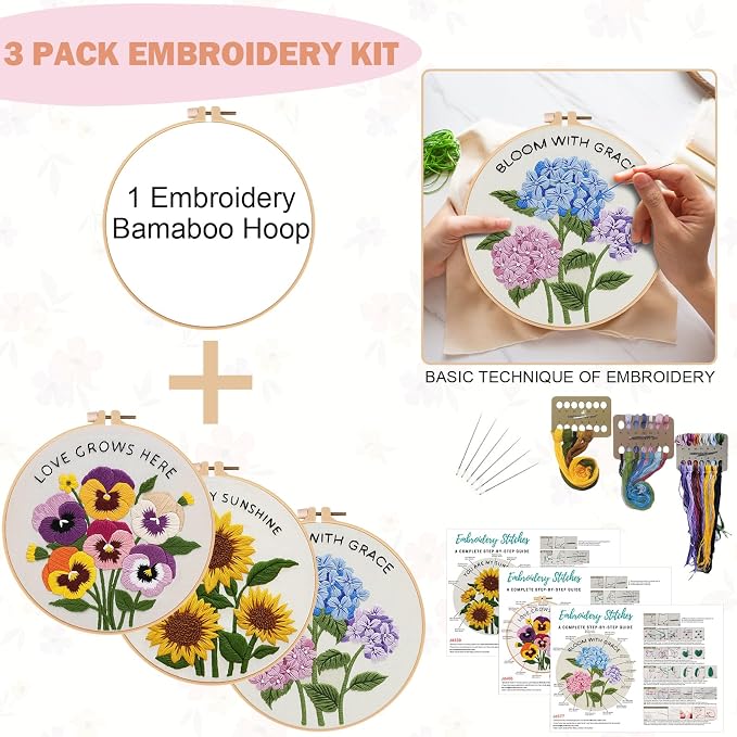Nuberlic 3 Pack Embroidery Kit for Beginners, Floral Cross Stitch Kit | - Image 3