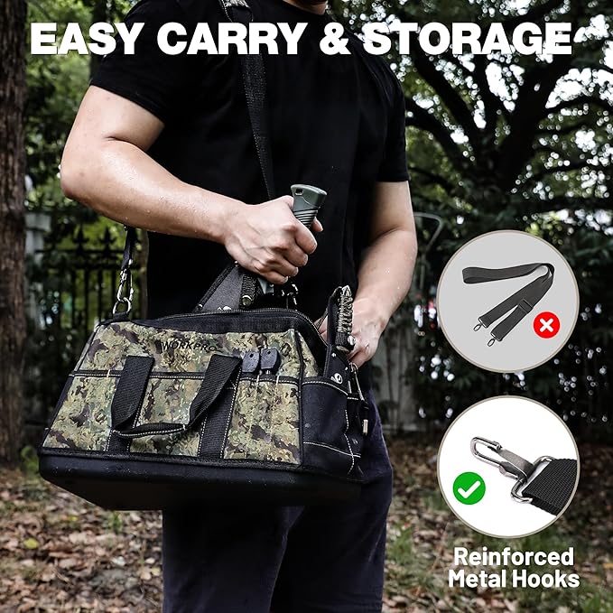 WORKPRO 16-Inch Wide Mouth Tool Bag, Tool Bags for Men with Adjustable Shoulder Strap, Waterproof Oxford Fabric and Sturdy Buttom