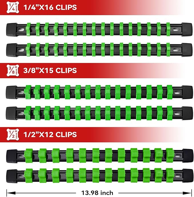 ALOANES 6 PC ABS Socket Organizer, 1/2 inch, 3/8 inch and 1/4 inch Drive Socket Rail Holders, Heavy Duty Socket Racks, Black Rails with Green Clips