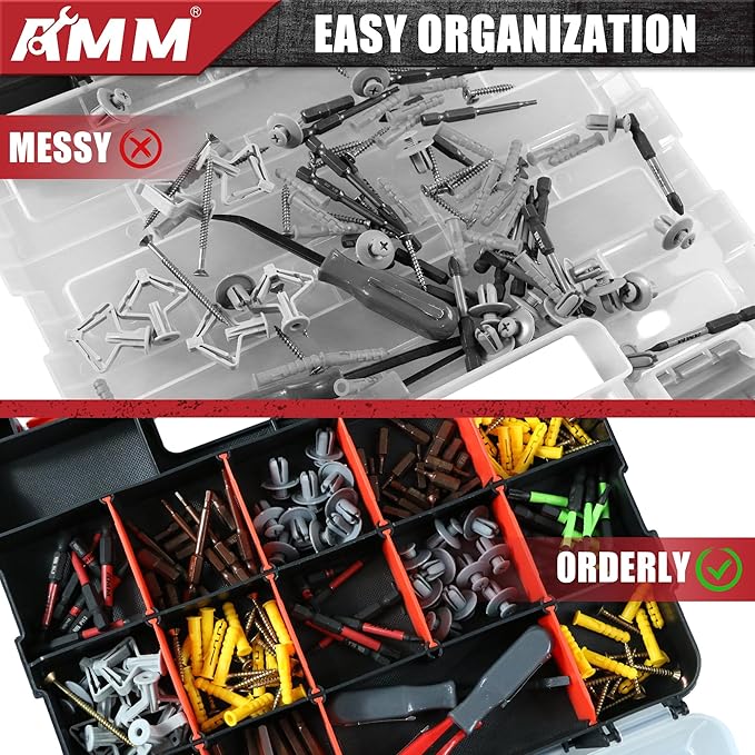 AMM Tool Box, Double Side Tool Box Organizer with 34 Compartments, Removable Dividers, Tackle Box Small Parts Screw Hardware Organizer for Screws, Nuts, Nails and Bolts (1 Piece, Red)