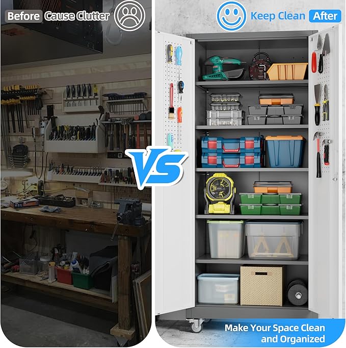 Metal Garage Cabinet with Wheels and Pegboard 71'' x 32'' x 16'', Lockable Rolling Steel Cabinet with 5 Adjustable Shelves and Door for Garage, Office, Kitchen, Assembly Required