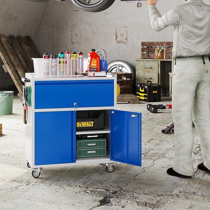 Aobabo Metal Cabinet with Wheels, Metal Garage Cabinet with 1 Drawer and 4 Hooks, Small Rolling Tool Storage with Pegboard and Handle, Assembly Required, Blue Grey