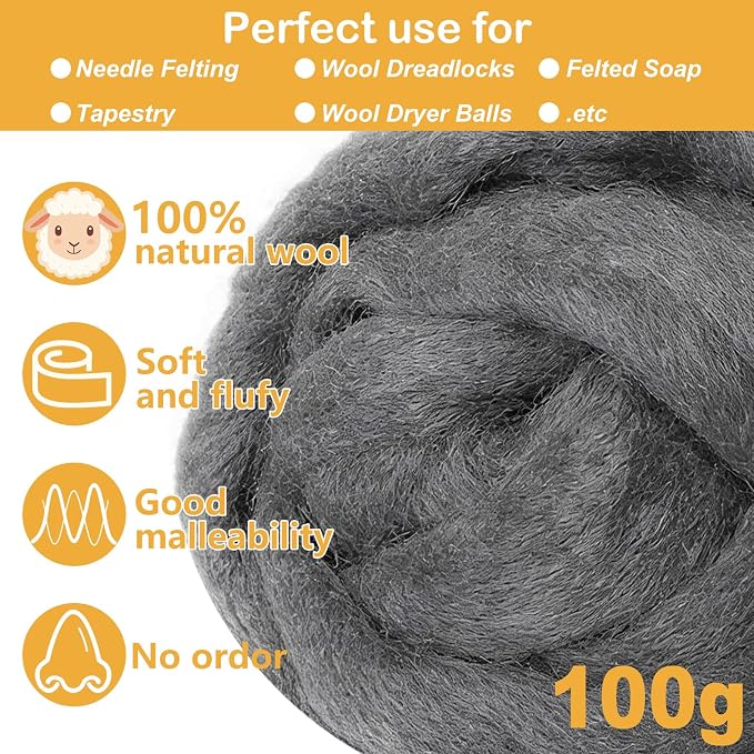 Grey Blue Wool Roving for Needle Felting, 3.5oz Felting Wool, Soft Wool Batting - Image 2