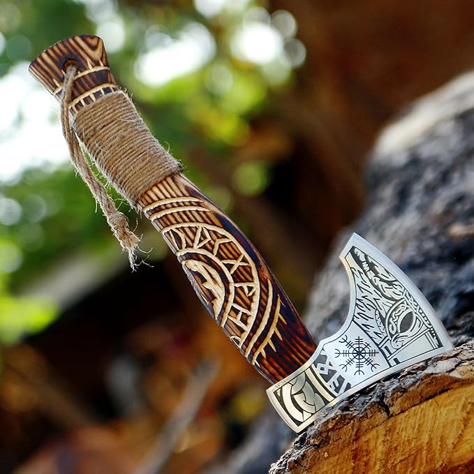 SHINY CRAFTS | Custom Handmade Carbon Steel Viking Axe,Valentine's Day Gift, Birthday Gift for him, Leather Wrapped Handle and Leather Sheath (VBA-19) (VBA-14)