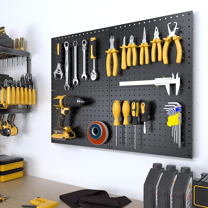 Peg Board, 4 Pack Metal Pegboard Panels Black Pegboards Wall Organizer with Bent Frame Heavy Duty Peg Board for Walls Home, Garage Tool Storage, Office Organization, Craft Room, Kitchen