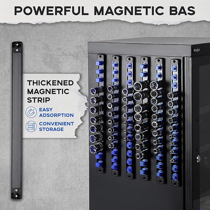 3/8-Inch Drive Magnetic Socket Organizer, Heavy Duty Aluminum Socket Rail Organizer, 360° Swivel Clips Socket Holder Kit for Tool Box, 3/8-Inch Socket Holder x 14 Clips (Blue)