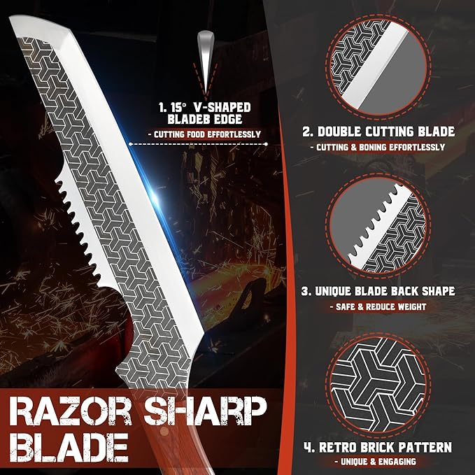 ROCOCO Butcher Meat Cleaver Knife - Boning Knife with Sheath for Kitchen Camping BBQ Birthday Thanksgiving Christmas Gift 8.8"