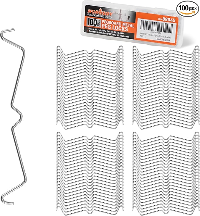 HORUSDY 100-Piece Pegboard Hook Locks & Retainers, Metal Pegboard Clips for 1/4” & 1/8” Peg Boards, Secure Display Hooks & Organizer for Garage, Workshop, Home Storage
