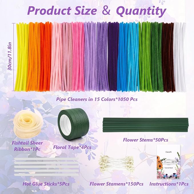 1050 PCS Pipe Cleaner Flower Kit, 15 Assorted Colors Pipe Cleaners Craft - Image 2