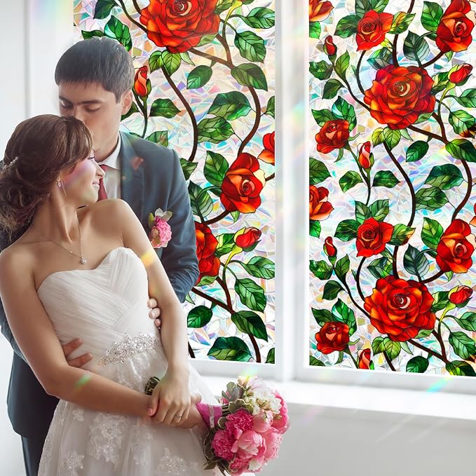 Bloss Rose Stained Glass Windows Film, 29.5x78.7inch 3D Flower Privacy Window - Image 2