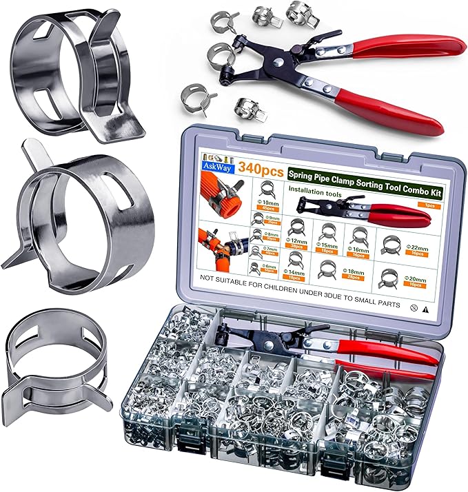 340pcs Spring Pipe Clamps, With Spring Pipe Clamp Tools, 12 Sizes 6-22mm Spring Hose Clamps, Used To Fix Hose Interfaces In Automotive, Marine, Gardening, Industrial Applications