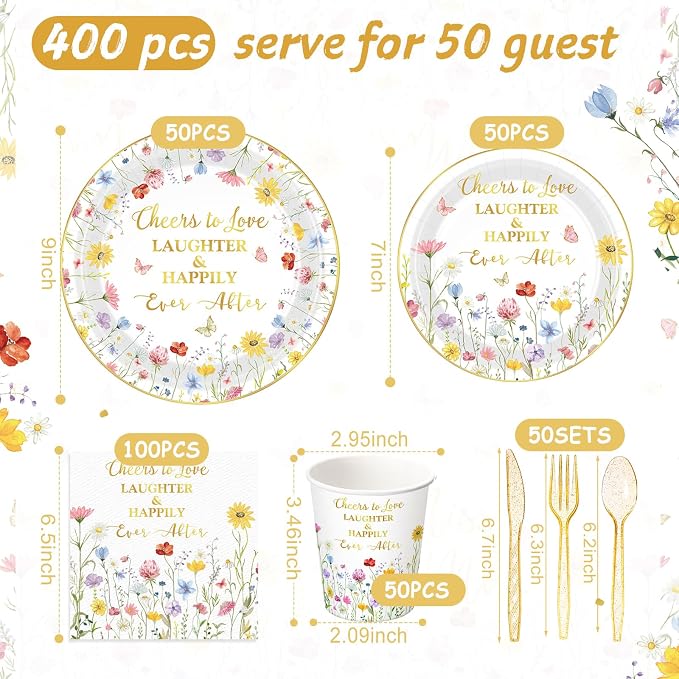 Pickmesh 400 Pcs Floral Bridal Shower Party Supplies Decorations Include Cheers - Image 2