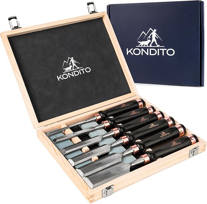 KONDITO Wood Chisel Set – 8-Piece Premium Woodworking Chisel Kit with 6 CRV60 Steel Blades (6–38mm), 2 Sharpening Stones & Hardwood Case – Wood Carving Chisels for Joinery, Sculpting & Carpentry Tools