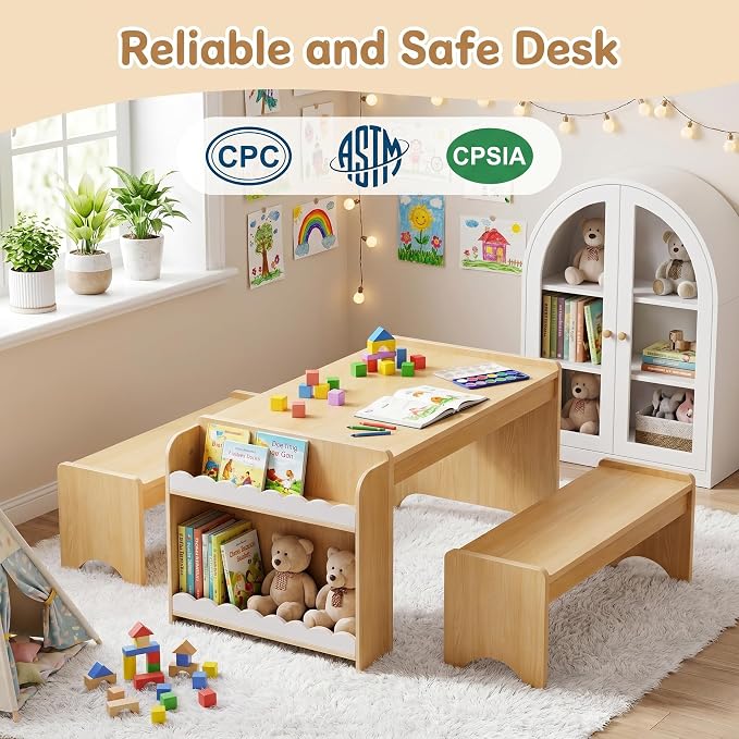 Kids Table and Bench Set, Montessori Kids Table and Chair Set, Indoor Wooden - Image 2
