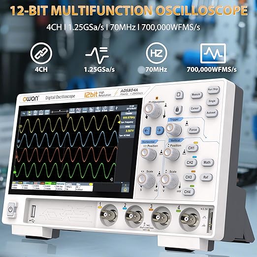 Digital Oscilloscope ADS804A 70 MHz Bandwidth OWON 4 Channel Oscilloscope with 12bits Vertical Resolution and 700,000 Wfms/s Waveform Capture Rate Oscillograph