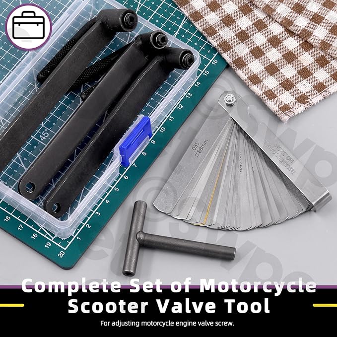 Swpeet 5Pcs 8mm 9mm 10mm Motorcycle Engine Valve Screw Adjustment Tool, 32 Blades 0.04mm-0.88mm/0.0015"-0.035" Straight Feeler Gauge and Square Hole Tool (Square Hole: 4mm & 3mm & 3.5mm) Set