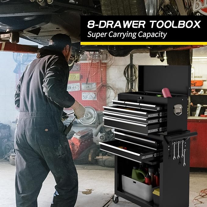 On Shine 8 Drawer Rolling Tool Chest, Large Capacity Rolling Tool Box with Wheels, Locking Mechanical Tool Chest, Portable Tool Box with Sliding Drawers,Metal Tool Box for Garage Workshop (Black)