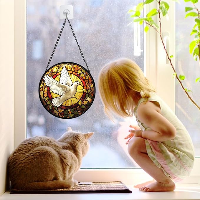 DASTOLL Stained Glass Window Hanging, Flying White Dove Sun Catchers Diamond - Image 3