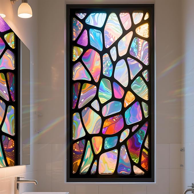 Stained Glass Window Privacy Film: Non-Adhesive Sun and Landscape Mosaic Design by AOHMPT