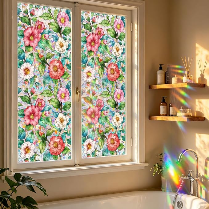 Camellia Window Film Decorative Privacy, Static Cling Stained Glass Film - Image 9